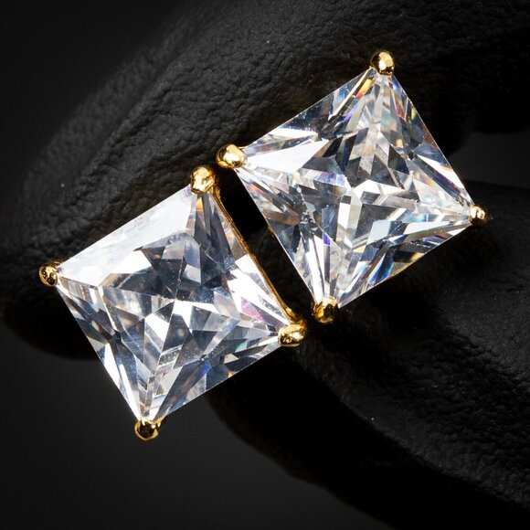 Large Square Princess Cut Yellow Gold Sterling Silver Screw Back Post Earrings - Picture 2 of 5